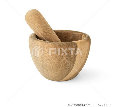 wooden mortar. kitchen utensils 113221828