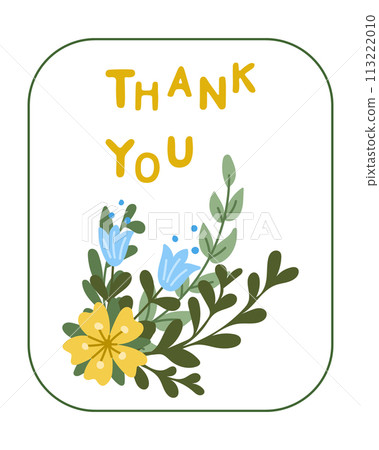 Thankful card with flat hand drawn abstract flower. Vector colored composition isolated on white background with text Thank you. Unique print design for printout, poster, interior. Holiday concept 113222010