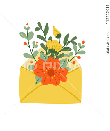 Hand drawn envelope with floral composition. Flat hand drawn colored stylized elements on white background. Unique print design for printout, poster, interior. Spring modern concept 113222011