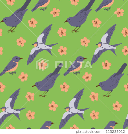 Spring floral seamless pattern with flat birds on green background. Flat hand drawn birds. Unique print design for textile, wallpaper, interior, wrapping. Spring concept Spring floral seamless pattern with flat birds on green background. Flat hand drawn birds. Unique print design for textile, wallpaper, interior, wrapping. Spring concept 113222012