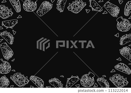 High contrast background with doodle Mexican food. Black and white. Frame template or design print with traditional street food. Good for banner, background, social media graphics High contrast background with doodle Mexican food. Black and white. Frame template or design print with traditional street food. Good for banner, background, social media graphics 113222014