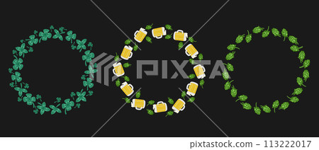 Flat Irish culture wreath on black background. Contrast composition. Beer concept. Isolated vector elements St Patricks Day or Octoberfest decoration. Unique print design Flat Irish culture wreath on black background. Contrast composition. Beer concept. Isolated vector elements St Patricks Day or Octoberfest decoration. Unique print design 113222017