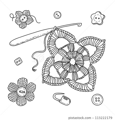 Vector illustration Set of crochet elements in doodle hand drawing style. 113222179