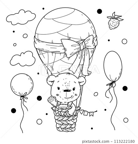 Vector illustration of a cute bear in a hot air balloon in doodle handdraw style. 113222180