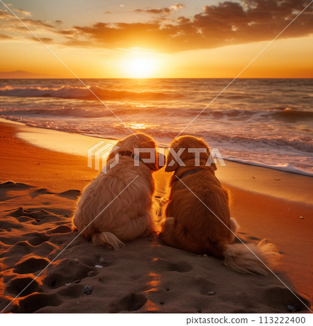 Two dog sitting on beach at sunset 113222400