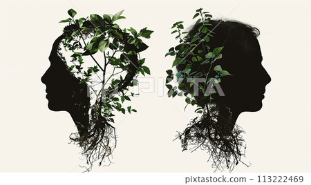 human silhouettes with growing plants from the heads concept idea growth abstract pattern human silhouettes with growing plants from the heads concept idea growth abstract pattern 113222469