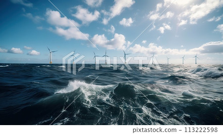 Offshore Windmill farm in the ocean, windmills isolated at sea on a sunny day. Generative AI 113222598
