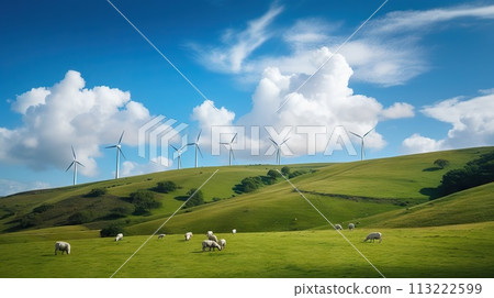 Power generating windmills on green hills. Renewable energy concept. Generative AI 113222599
