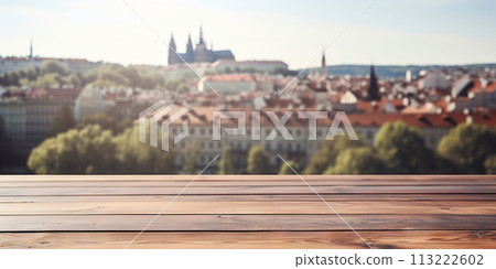 Wood table mockup with Prague city street in shallow depth of field. Copy space for product. Generative AI 113222602