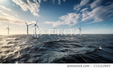 Offshore Windmill farm in the ocean, windmills isolated at sea on a sunny day. Generative AI 113222603