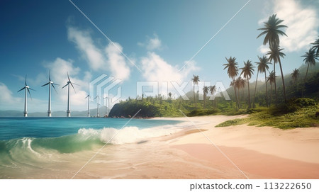 Windmill farm on the tropical ocean shore, windmills on a sunny day. Generative AI 113222650