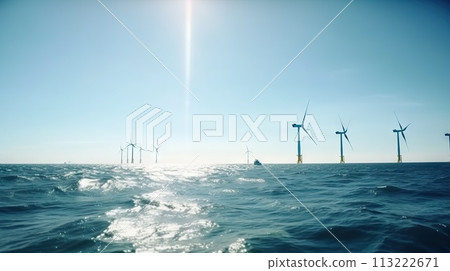 Offshore Windmill farm in the ocean, windmills isolated at sea on a sunny day. Generative AI 113222671