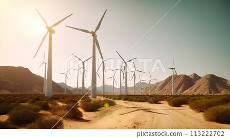 Wind turbines in the desert. Renewable energy concept with sand dunes. Generative AI 113222702