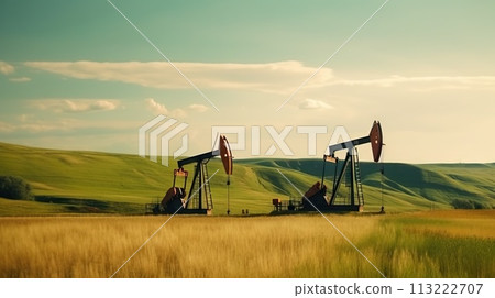 Oil pump on on hills landscape. Oil pumps. Generative AI 113222707