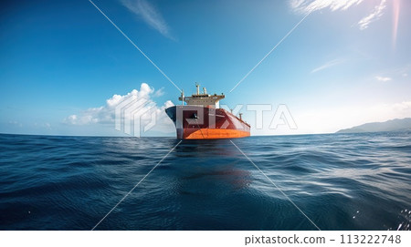 Low angle view on huge fuel tanker ship in the sea. Generative AI Low angle view on huge fuel tanker ship in the sea. Generative AI 113222748