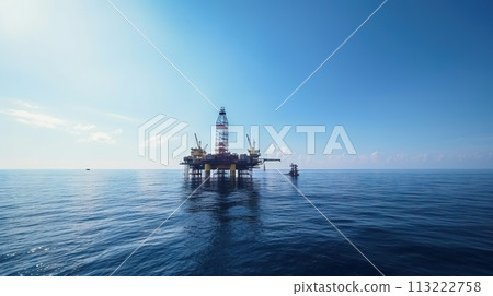 Oil rig in the sea on a sunny day with blue sky. Offshore oil drilling. Generative AI 113222758