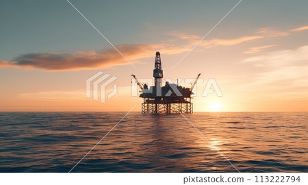 Sunset view with silhouette of an oil rig in the sea. Offshore oil drilling. Generative AI Sunset view with silhouette of an oil rig in the sea. Offshore oil drilling. Generative AI 113222794