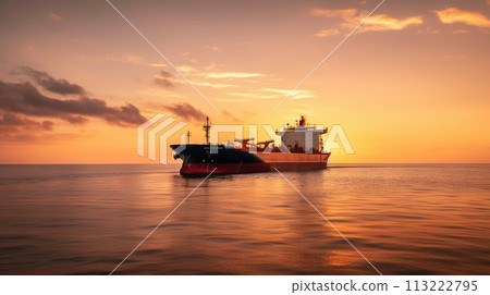 Low angle view on huge fuel tanker ship in the sea on sunset. Generative AI 113222795