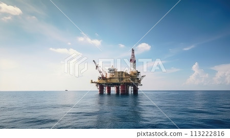 Oil rig in the sea on a sunny day with blue sky. Offshore oil drilling. Generative AI 113222816