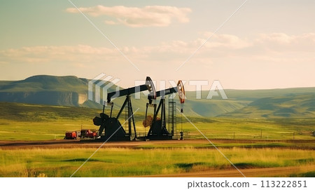Working oil pumps in mountains. Natural resources industry. Oil rig. Generative AI 113222851