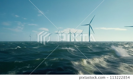 Offshore Windmill farm in the ocean, windmills isolated at sea on a sunny day. Generative AI 113222854