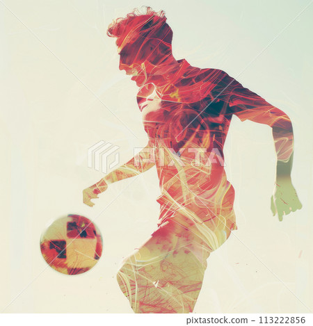 Double exposure of a Soccer player ready to kick the soccerball at the stadium. Generative AI 113222856