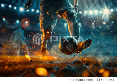 Soccer player in a fiery field at the football stadium. Generative AI 113222864