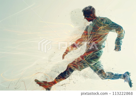 Double exposure of a Soccer player ready to kick the soccerball at the stadium. Generative AI 113222868