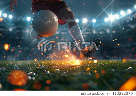 Soccer player in a fiery field at the football stadium. Generative AI 113222870