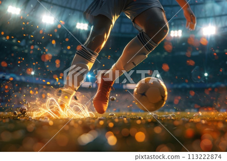 Soccer player in a fiery field at the football stadium. Generative AI 113222874