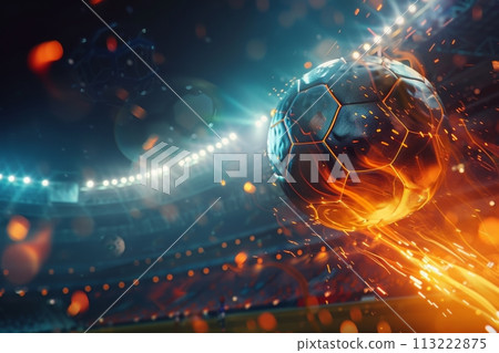 Fiery soccer ball go fast at the football stadium. Generative AI 113222875