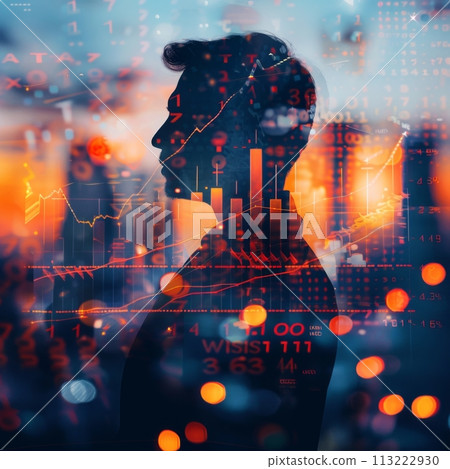 Double exposure of a businessman with financial stock trading chart. Generative AI 113222930
