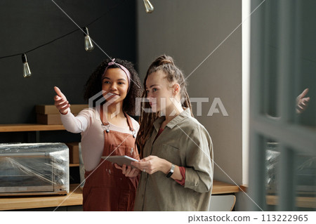 Showing interior of cafe to colleague Showing interior of cafe to colleague 113222965