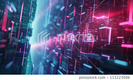 Glowing neon lines and geometric shapes on abstract tech background Glowing neon lines and geometric shapes on abstract tech background 113223086