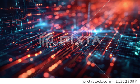 Abstract digital background with glowing circuit lines and tech elements Abstract digital background with glowing circuit lines and tech elements 113223097