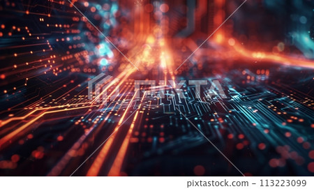 High-tech digital circuitry with a glowing, futuristic interface design, suitable for tech concepts High-tech digital circuitry with a glowing, futuristic interface design, suitable for tech concepts 113223099