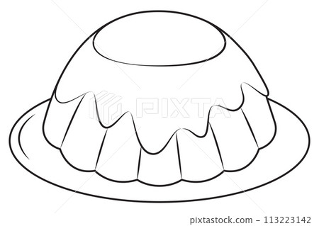 Pudding with cream in plate. Black and white. Cartoon sweet food element.  113223142