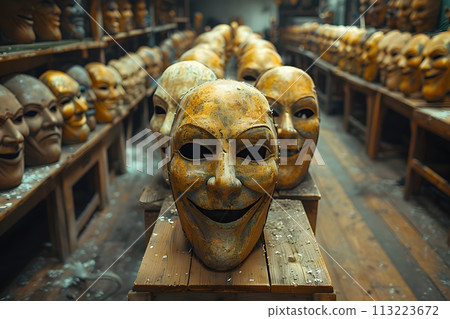 Group of Masks on Wooden Bench Generative AI Group of Masks on Wooden Bench Generative AI 113223672