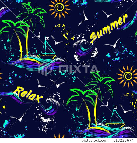 Summer holiday seamless pattern with tropical island, yacht, sun icon, ocean waves, text. Paint brush strokes, splattered paint. Bright glowing neon colors. Outline, contour illustrations 113223674