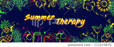 Horizontal web banner, header with tropical foliage, flowers, fruits, cocktail glass, copy space. Grunge paint brush strokes, splattered paint. Glowing neon fluorescent colors Outline, contour style 113223678