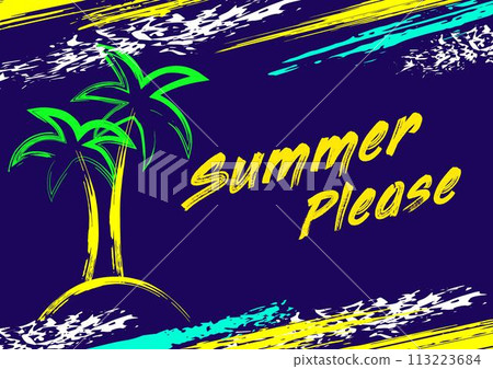Tropical horizontal poster with text, tropical island, palm trees, text Summer Please. Grunge paint brush strokes, splattered paint. Glowing neon fluorescent colors. Tropical horizontal poster with text, tropical island, palm trees, text Summer Please. Grunge paint brush strokes, splattered paint. Glowing neon fluorescent colors. 113223684