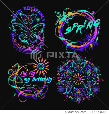 Set of mystical celestial labels with butterfly, sun icon, paint brush strokes, splattered paint. Glowing neon fluorescent colors, text. Virtual surreal nature. Outline, contour illustrations. 113223686