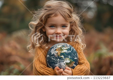 Little Girl Holding Small Globe in Hands Generative AI 113223687