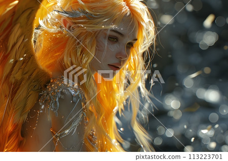 Woman With Yellow Hair and Wings Standing in the Rain Generative AI 113223701