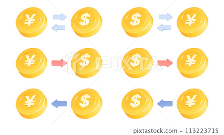 Cute three-dimensional coin illustration_exchange of yen and dollar Cute three-dimensional coin illustration_exchange of yen and dollar 113223715