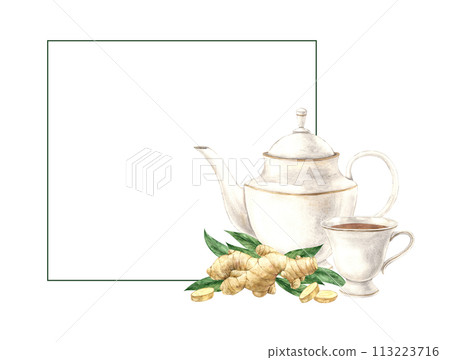 Watercolor square frame with vintage teapot and mug, green leaves and ginger. The illustration is hand drawn on an isolated background. Drawing for menu design, packaging, poster, website, textile. Watercolor square frame with vintage teapot and mug, green leaves and ginger. The illustration is hand drawn on an isolated background. Drawing for menu design, packaging, poster, website, textile. 113223716