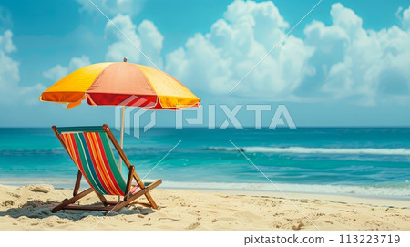 beach chair and umbrella on the beach in sunny day 113223719