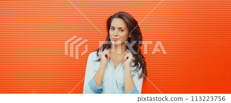 Portrait beautiful happy smiling brunette young woman posing in the city Portrait beautiful happy smiling brunette young woman posing in the city 113223756