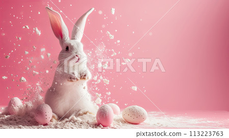 Easter Baking. bunny with flour and eggs on pink background with copy space 113223763