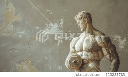 Bodybuilder male Greek Sculpture with Muscles on pastel background with copy space Bodybuilder male Greek Sculpture with Muscles on pastel background with copy space 113223783